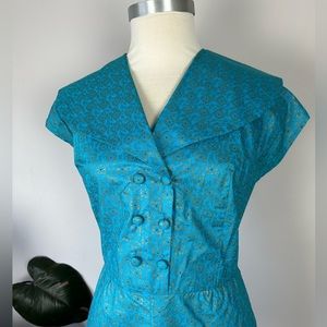 Vintage 50’s Mod Rockabilly Sailor Collar Teal Gold Brocade Midi Sheath Dress